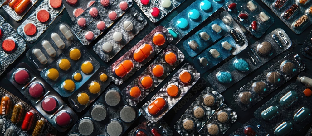 Poster varieties of medications captured in a close up shot with ample room for text including tablets pill