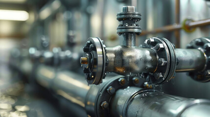 Industrial Water Pipe System with Metal Valves and Connectors in a Modern Facility