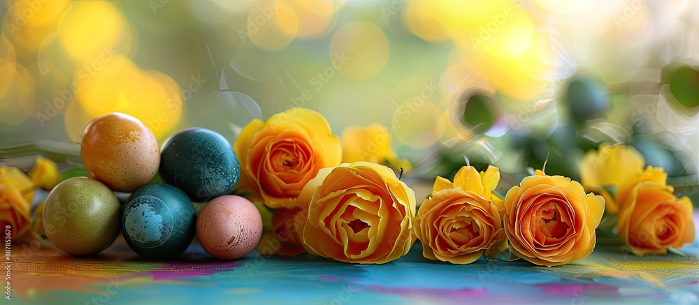 Aufkleber Celebrate Easter with a vibrant display of natural dyed eggs set on a colorful table alongside bright yellow roses creating a lovely background scene with available copy space image