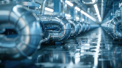 Industrial Water Pipe System with Shiny Metal Tubes in a Modern Facility Reflecting on Wet Floor