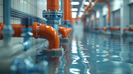 Industrial Water Pipes in a Modern Facility with Reflections on the Floor 
