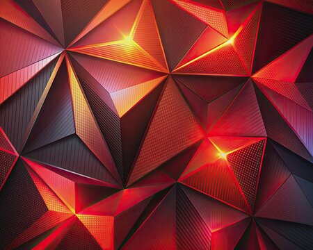 Vibrant red fiery shadow light casts agonal gradient shape on geometric triangles and lines, creating a mesmerizing 3D design background with modern abstract red and black hues.
