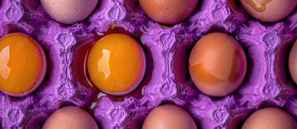 Aufkleber a close up horizontal image of numerous chicken eggs in a vibrant violet carton showcasing a visible