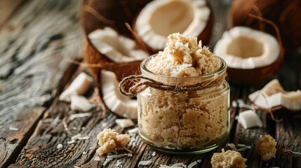 Fototapeta premium coconut paste in a jar. Selective focus.