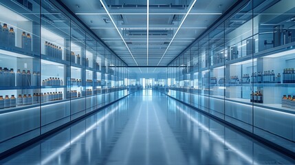 A modern corridor with glass walls and shelves filled with containers, illuminated by bright overhead lighting.