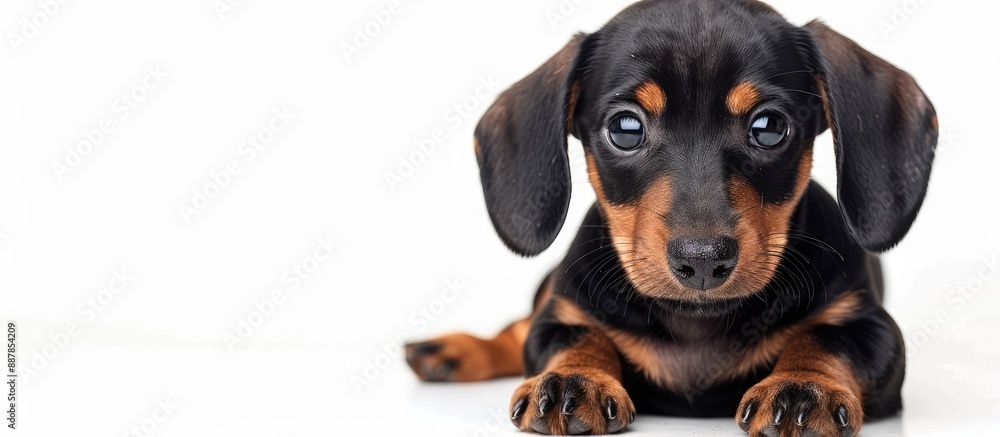 Poster dachshund puppy posing with copy space image on white background