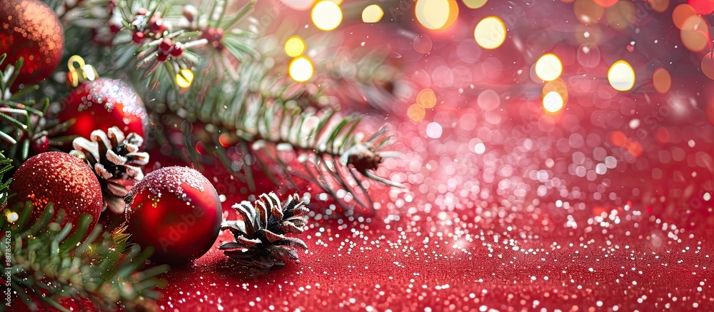 Poster festive christmas card with fir branches and ornaments on a sparkling background with copy space ima