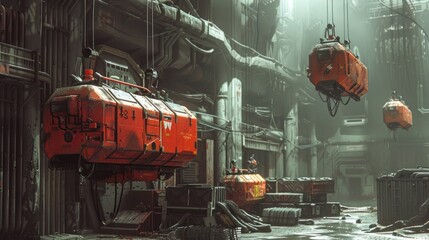 Industrial Slings Lifting Heavy Equipment in a Futuristic Factory Setting with Advanced Machinery