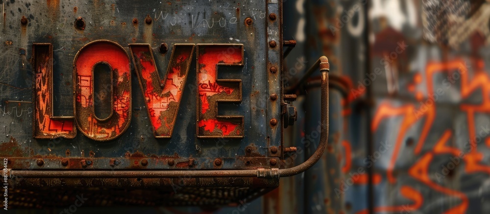 Poster Industrial banner featuring the word Love in bold font with empty space for adding images. with copy space image. Place for adding text or design