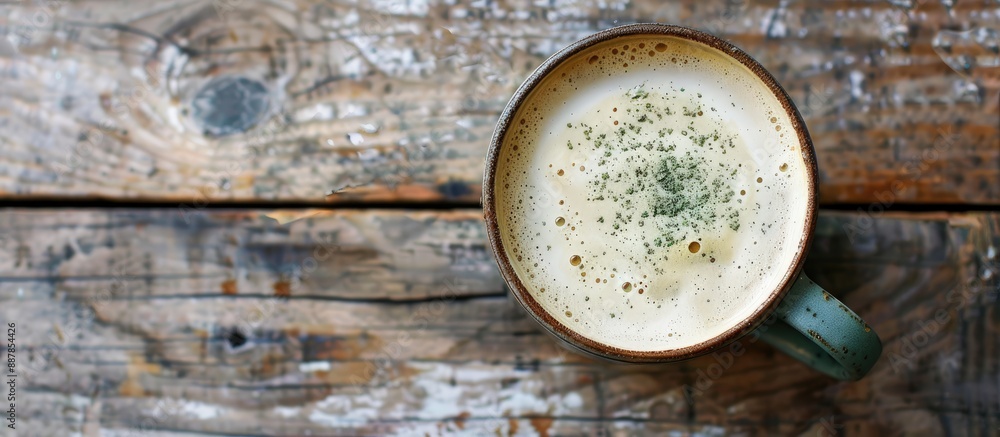 Aufkleber Top view of a coffee cup with frothy matcha on a wooden surface in flat lay style featuring copy space image