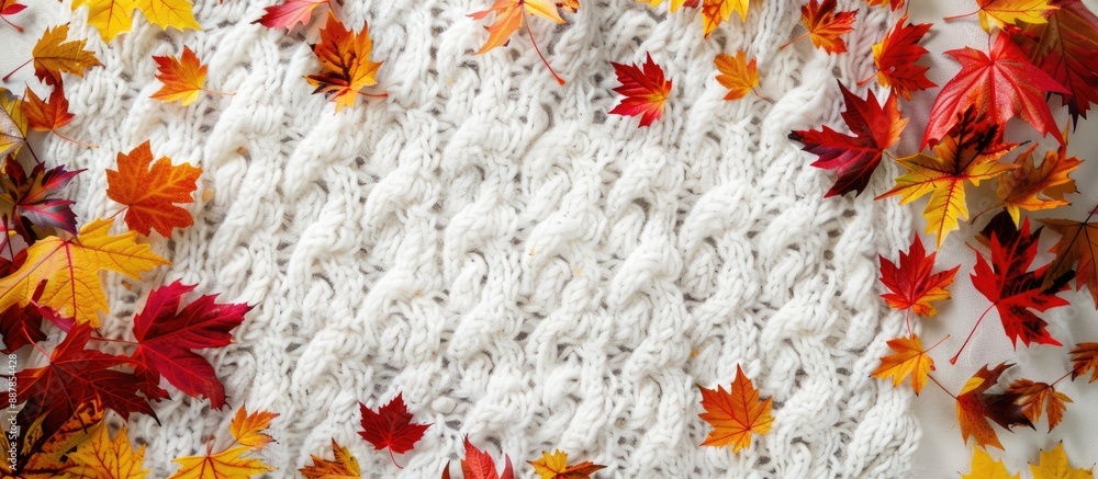 Aufkleber Top view of white knitted apparel adorned with autumn red and yellow leaves set against a background with available copy space image