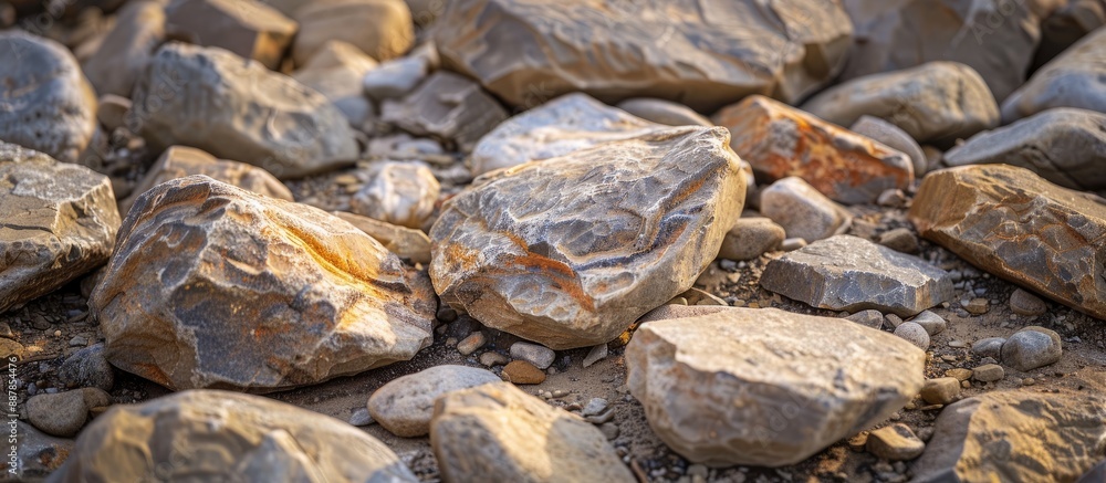 Poster Fascinating stones scattered on the terrain creating an appealing scene with copy space image