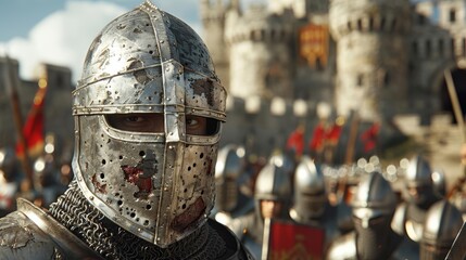 Fototapeta premium Brave medieval soldiers in closeup, swords drawn, Swords Drawn, Protecting a Castle with a Moat, Photorealistic Detail