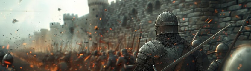 Dynamic and Vivid Scene of Brave Soldiers on the Castle Walls, Swords Ready, Defending by the Moat, Photorealistic Detail