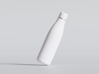 Water bottle Steel metal thermo flask, 3d render mockup. Reusable stainless steel sport bottle, isolated on gray. Gym or travel water container, closed with cap, portable blank template