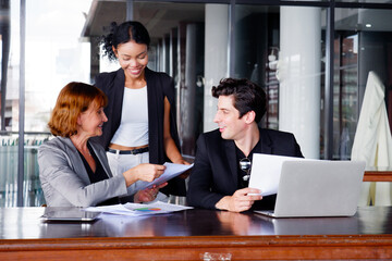 Businessmen and employees sit and work at tables. and business planning meeting.