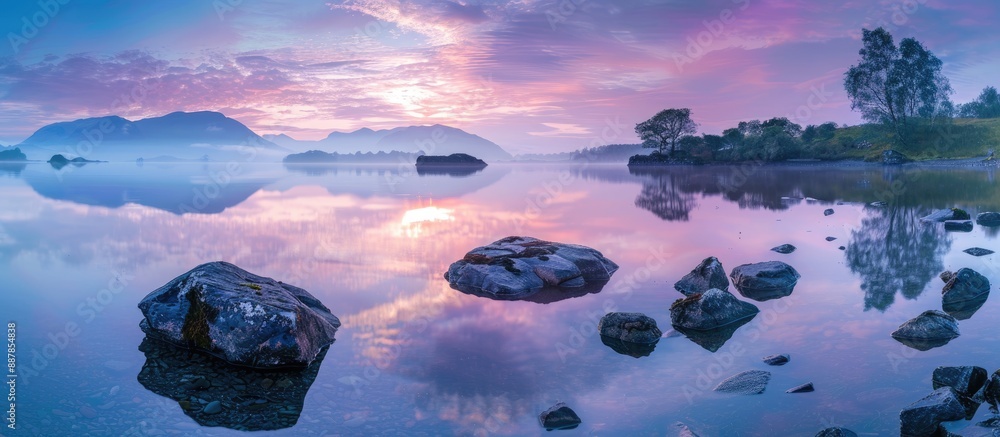 Poster Tranquil nature scene with rocks in the foreground mirrored in a lake under a twilight sky providing a serene ambience for a copy space image