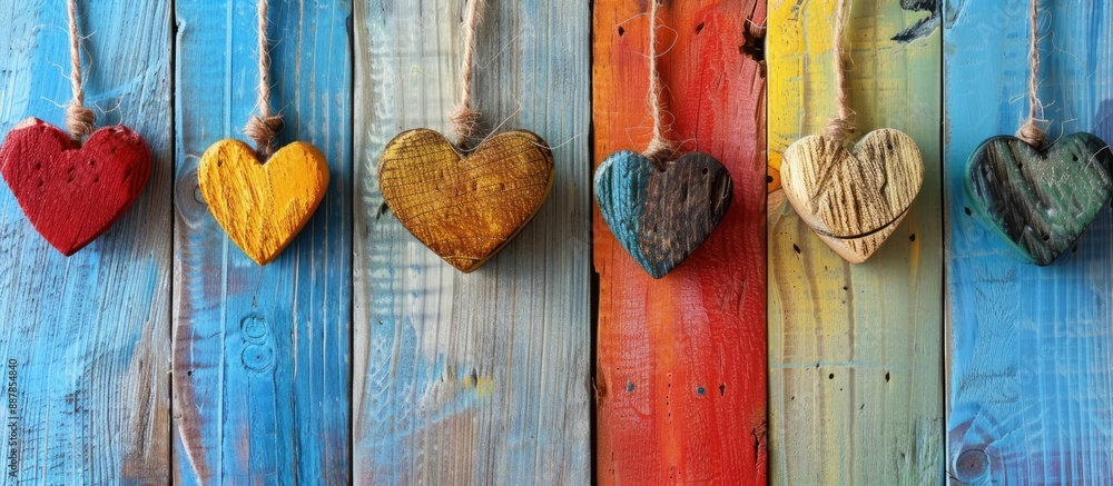 Aufkleber wooden hearts displayed on colorful wooden background with ample copy space image