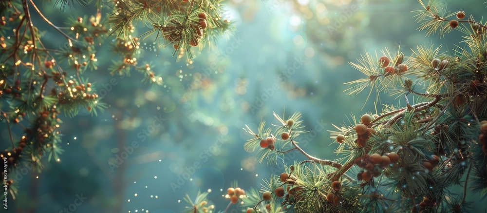 Leinwandbilder Gazing at the foliage of a conker tree and pine branches creating a picturesque scene against a background of dense forest perfect for a copy space image