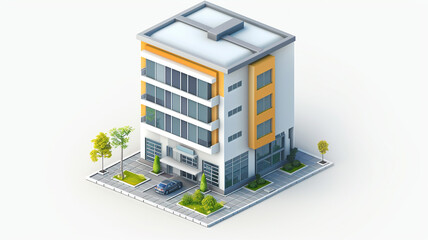 A model of a building with a car and trees on the side. architectural model, building model, car model, trees model, urban planning, miniature building, scale model, architectural design, model city,