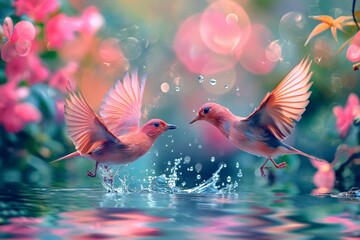 Obraz premium Colorful little birds playing water at a lake