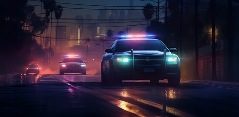 A police car with flashing lights is driving down the street, surrounded by other cars and uniformed officers on either side of it