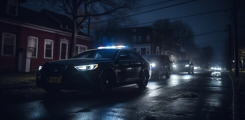 Fototapeta premium A police car with flashing lights is driving down the street, surrounded by other cars and uniformed officers on either side of it