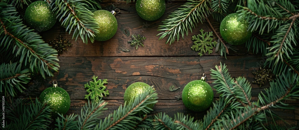 Poster top view of green balls on a wooden backdrop encircled by pine branches ideal for a stunning new yea
