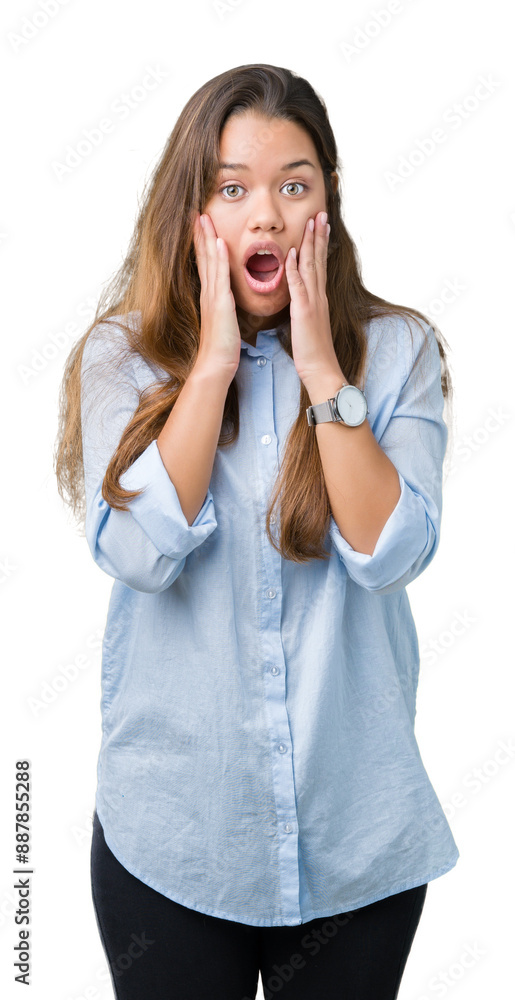 Sticker Young beautiful brunette business woman over isolated background afraid and shocked with surprise expression, fear and excited face.