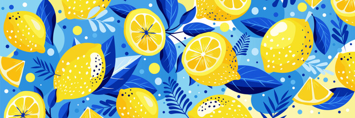 Cute bright lemon background in yellow and blue colors. Slice of tropical fruits, fresh green leaves, yellow lemons on a blue background. Spring, summer conceptual background. For postcard, banner