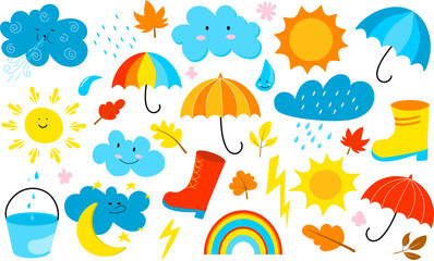 Set of cool autumn elements in simple flat style with bright colors. Cool stickers with weather phenomena, leaves, rain, sun, clouds, umbrella, rubber boots, etc. Isolated vector illustration