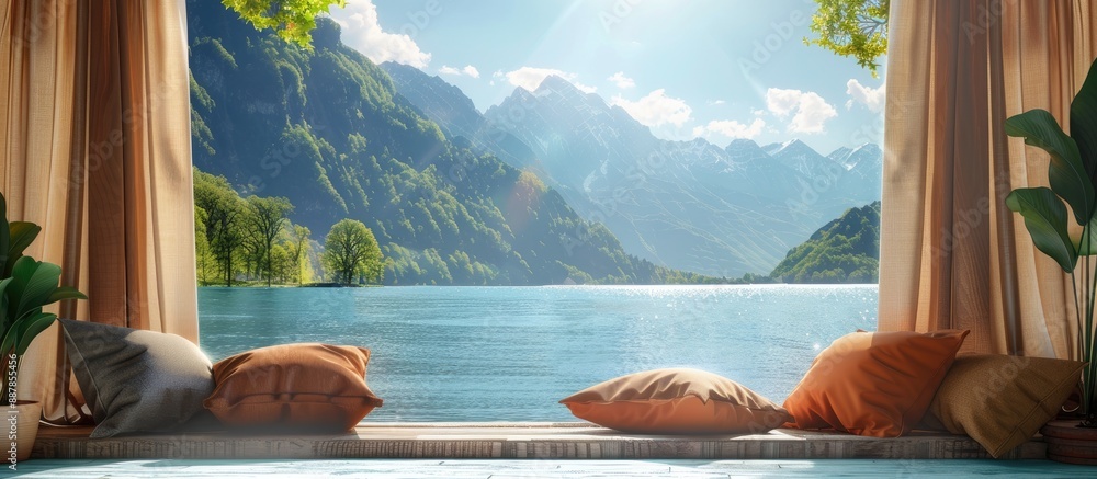 Poster landscape of a sunny spring day with a retro brown window sill background adorned with pillows provi