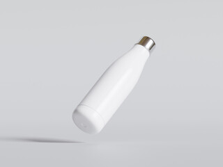 Water bottle Steel metal thermo flask, 3d render mockup. Reusable stainless steel sport bottle, isolated on gray. Gym or travel water container, closed with cap, portable blank template