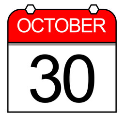October 30, Illustration of a red and white daily calendar. Individual date.