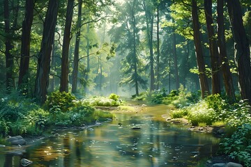 Fototapeta premium Serene Forest Landscape with Sunlit Trees and Peaceful Stream