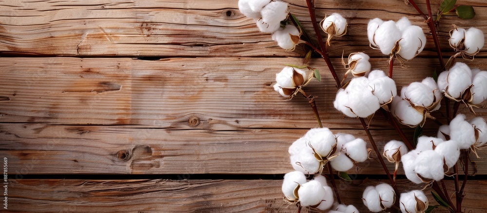 Aufkleber White cotton flowers arranged elegantly on a wooden backdrop creating a serene composition with plenty of space for additional elements in the image