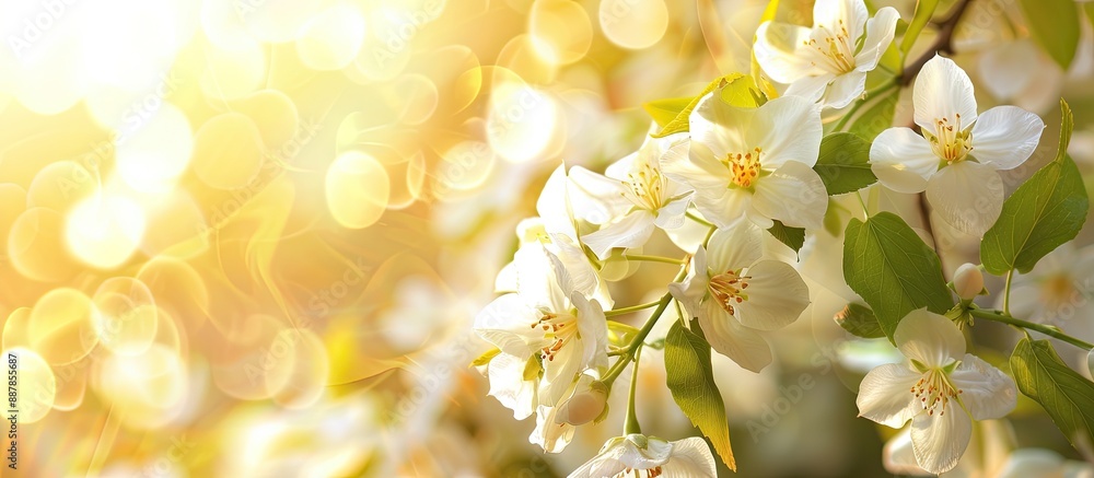 Poster Soft focus on a springtime branch adorned with delicate white jasmine flowers set against a sunny backdrop Ideal for a banner with copy space image