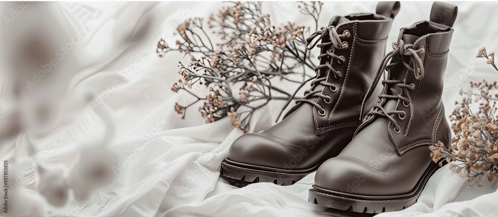 Poster chic dark gray lace up women s boots on a light background with room for text ideal for autumn fashi