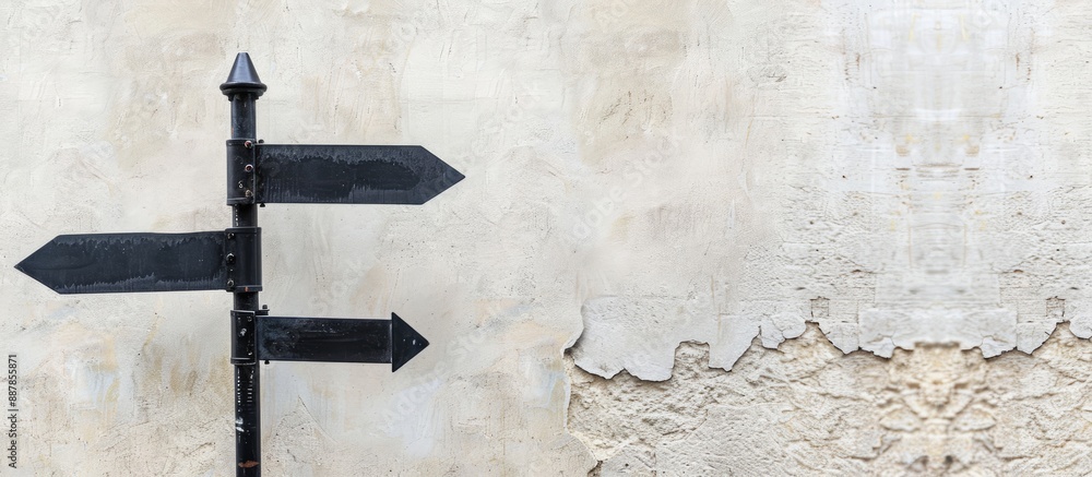 Poster street signs with black metal arrows on a signpost set against a background with available copy spac