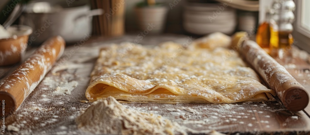 Aufkleber a sheet of homemade puff pastry dough being rolled out on a floured table with copy space image avai