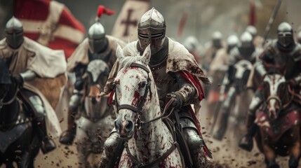 Obraz premium High-Intensity Scene of Medieval Knights in Combat, Horseback Warriors, Closeup, Photorealistic Detail