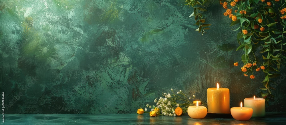 Poster a table near a green wall features a composition of burning candles and fresh flowers ideal for a co