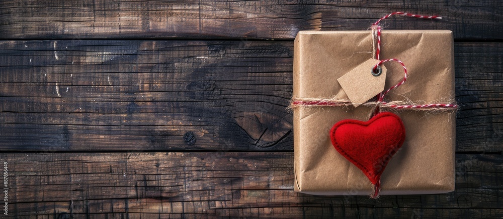 Poster vintage gift box with red heart craft paper wrapping tag on old wooden table background in a flat la