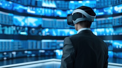 A businessman in a suit wearing a VR headset stands in a data center, surrounded by multiple screens displaying data.