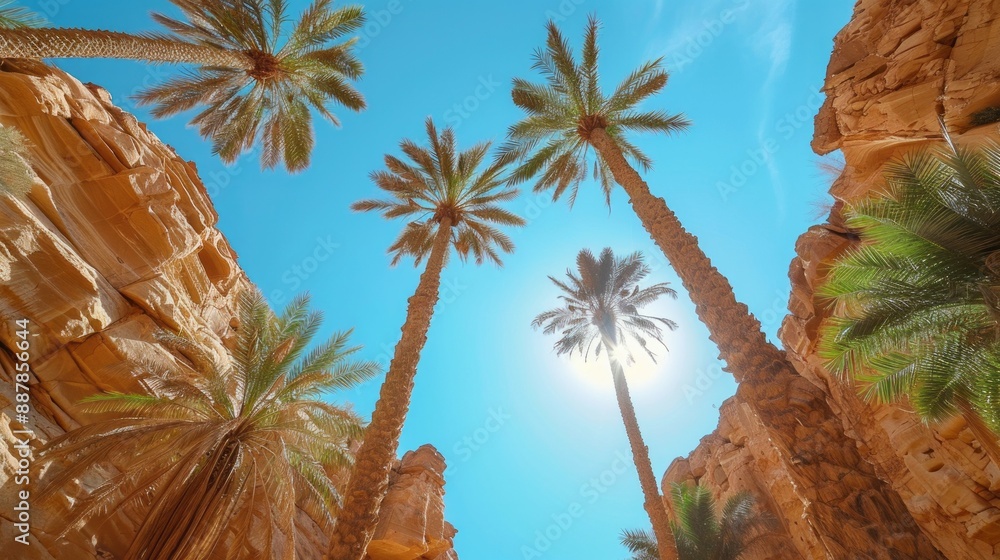 Poster a beautiful view of palm trees with the sun shining on them