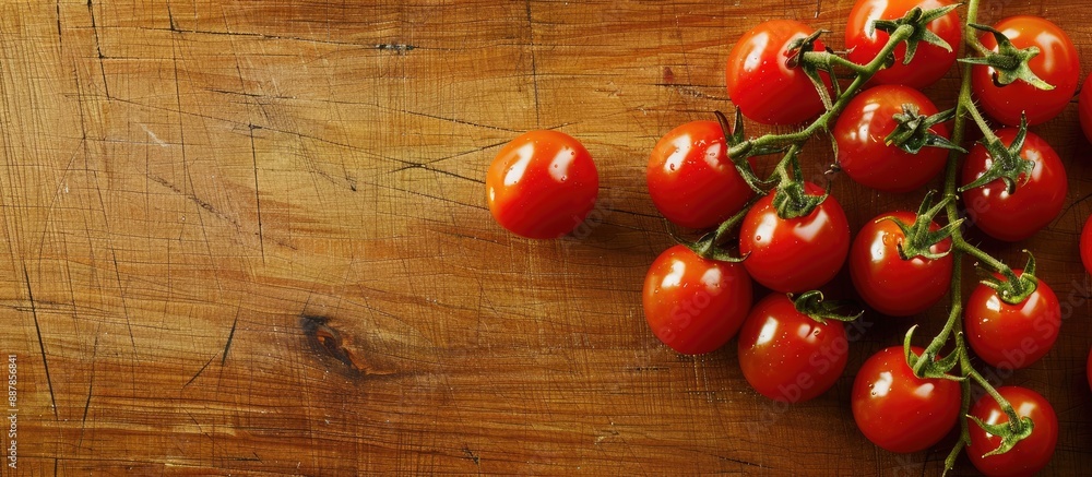 Poster cherry tomatoes arranged on a wooden surface with copy space image