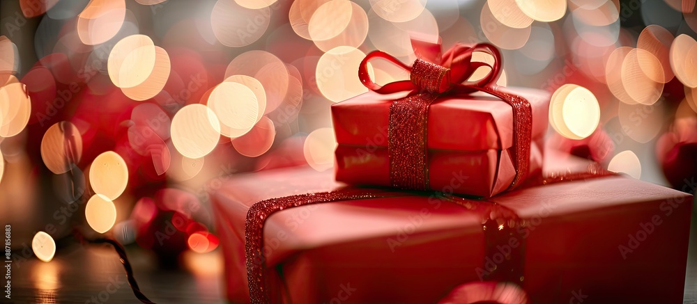 Poster vibrant red christmas gift boxes on a background of twinkling bokeh lights with copy space image