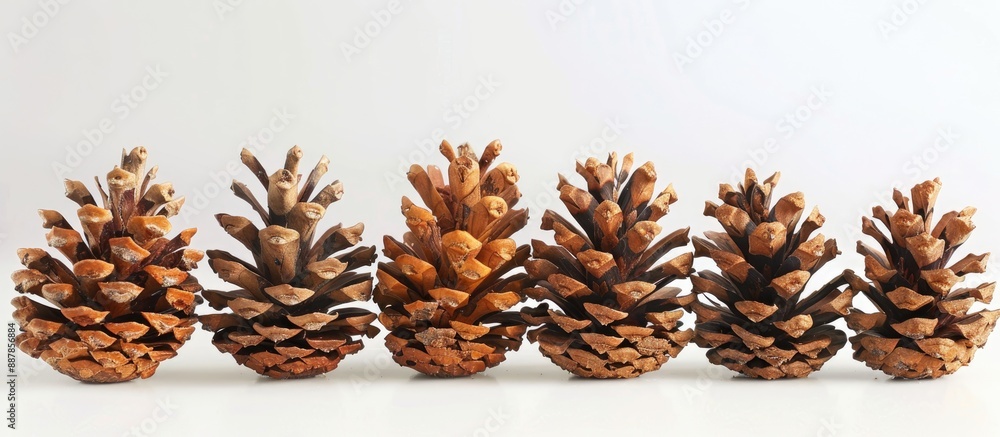 Poster Isolate pine cones with a golden hue set against a white backdrop creating a stunning copy space image
