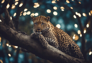A leopard perched on a tree branch, moonlit night

