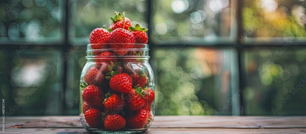 Leinwandbilder fresh bright red strawberries in a glass jar with selective focus on the subject against a blurred b